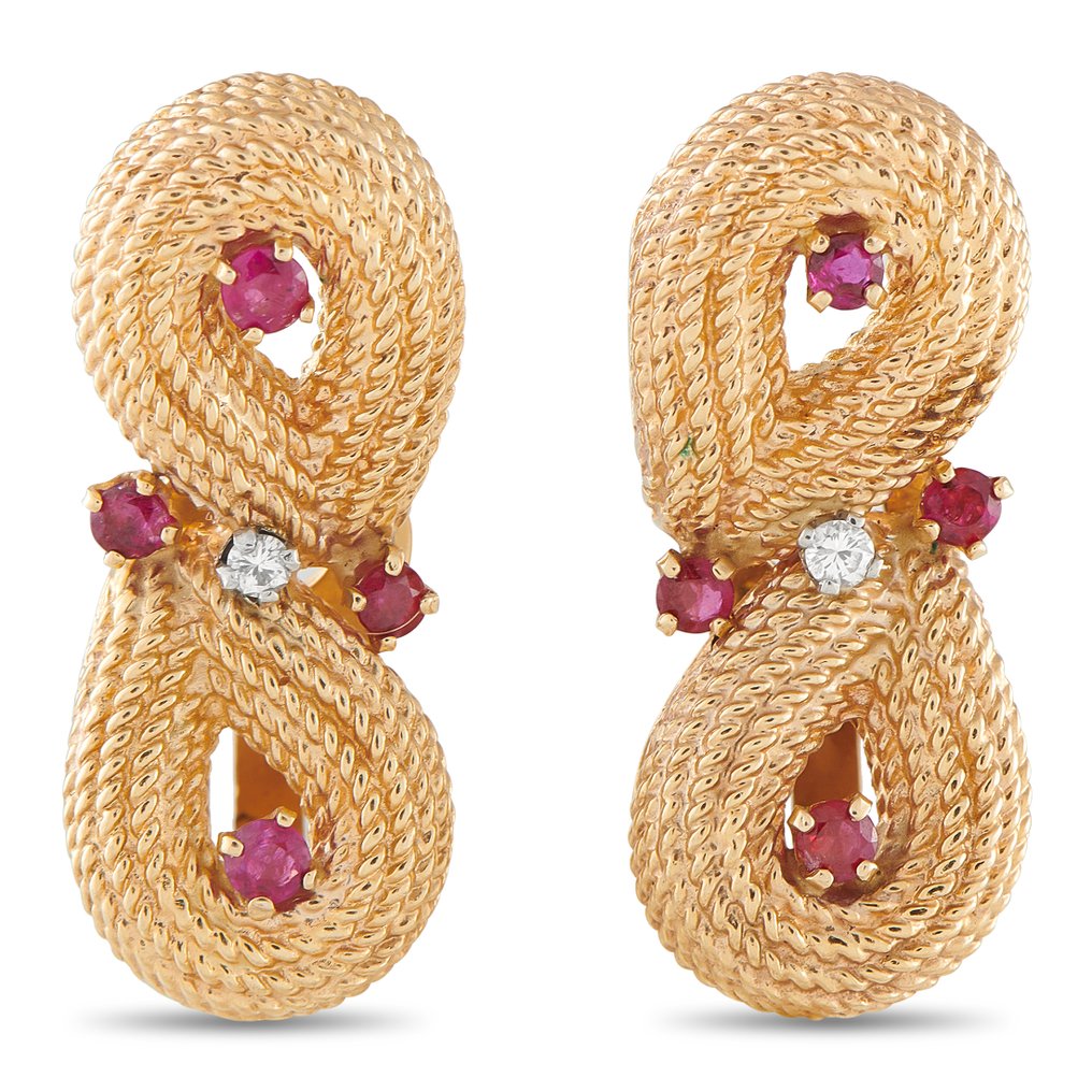Boucles d'oreilles - 14 carats Boucles d'oreilles en or jaune 14 carats, diamants de 0,06 ct et rubis, Or jaune - 0.56ct. tw. #3.2