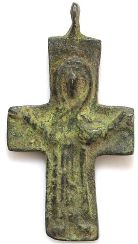 拜占庭帝國 铜吊坠，上面有十字架和基督的图像，直径51毫米，7至9世纪，公元前。 十字架 - 51 mm  (沒有保留價) #1.0
