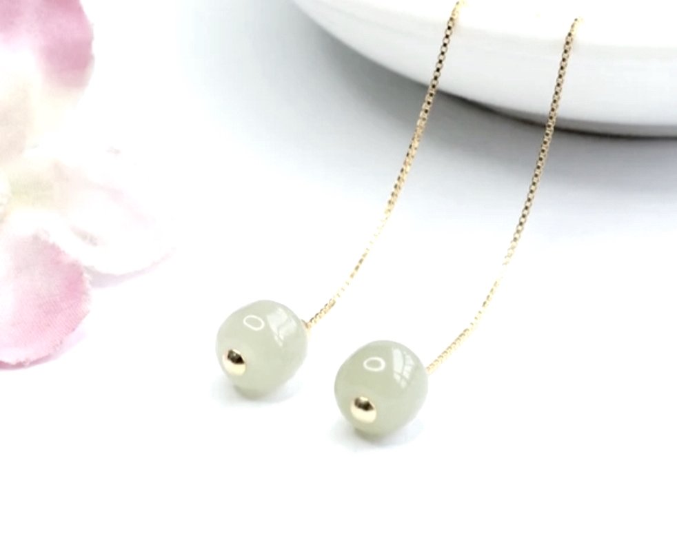Gray nephrite jade dangle earrings Gold plated sterling silver 925 - Height: 7 cm- 2.08 g #4.3