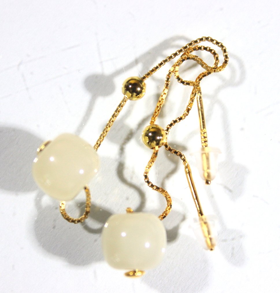 Gray nephrite jade dangle earrings Gold plated sterling silver 925 - Height: 7 cm- 2.08 g #2.1