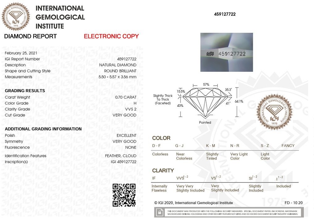 1 pcs Diamant (Natural) - 0.70 ct - Rotund - H - VVS2 - IGI (Institutul gemologic internațional) #2.1
