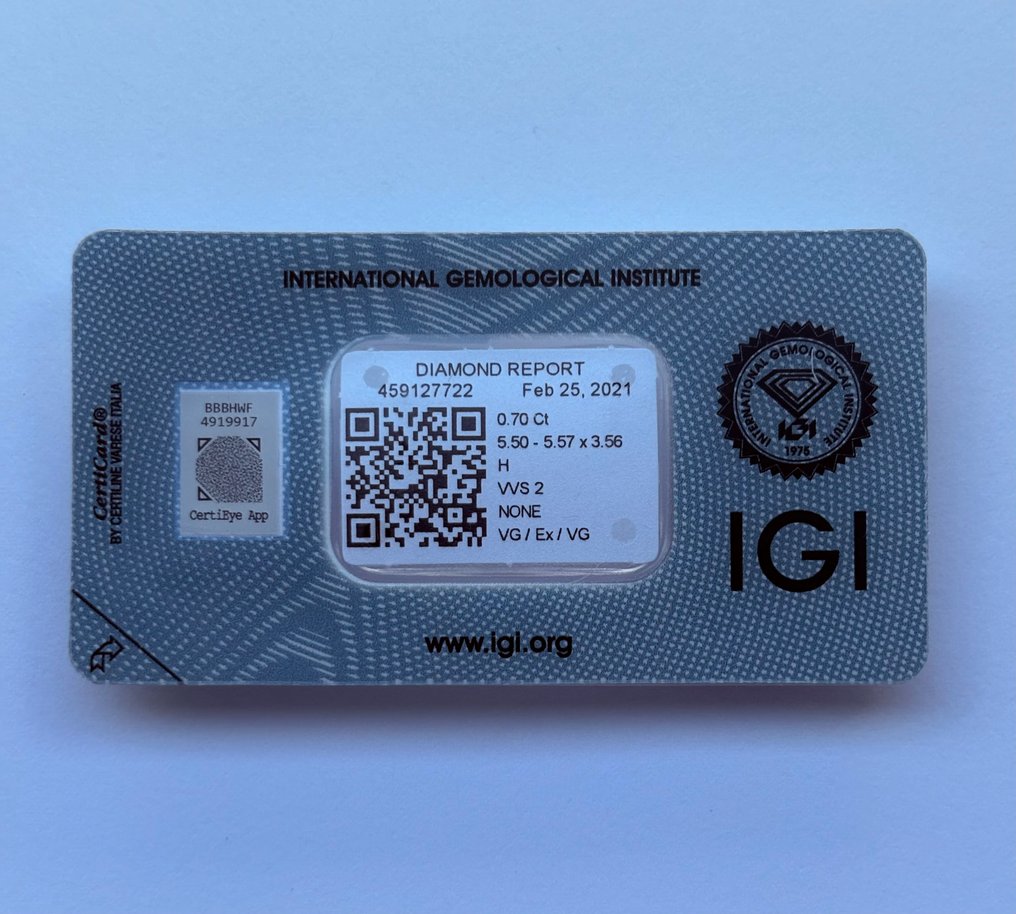 1 pcs Diamant (Natural) - 0.70 ct - Rotund - H - VVS2 - IGI (Institutul gemologic internațional) #1.0