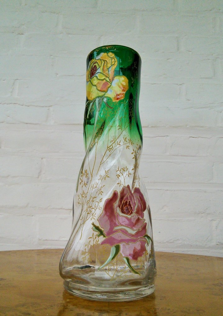 Legras & Cie. - François-Théodore Legras - 花瓶 - 扭曲的艺术新风格花瓶,配有搪瓷和镀金的玫瑰。 - 瑪瑙, 鍍金, 玻璃 #1.0