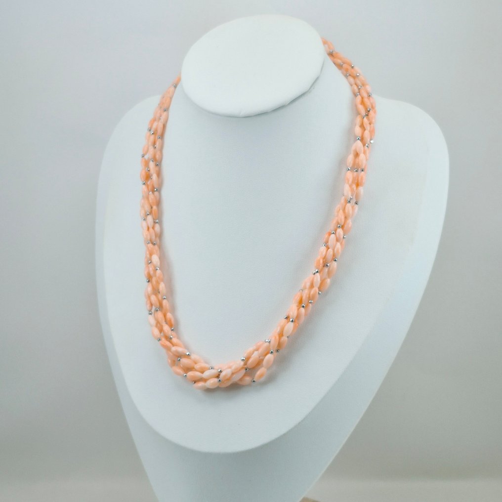 珊瑚 - 銀 - 頸鏈 - 粉红色珊瑚 #2.1
