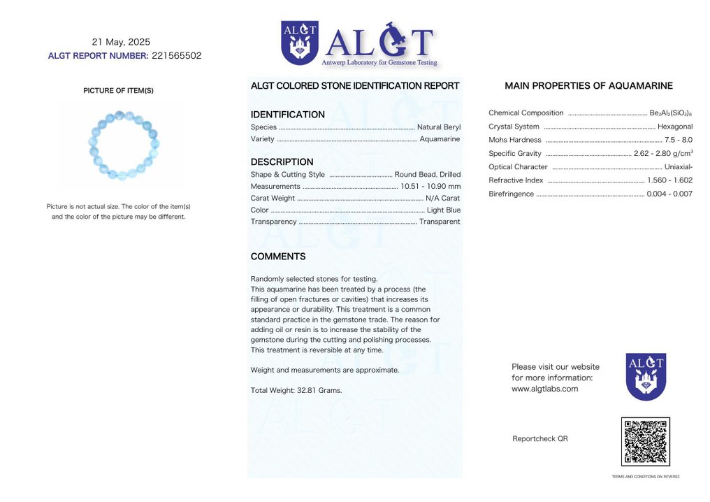 ALGT Certified - 大型高端天然海蓝宝石手链 具有显著清晰度和独特色调- 32.81 g #2.1