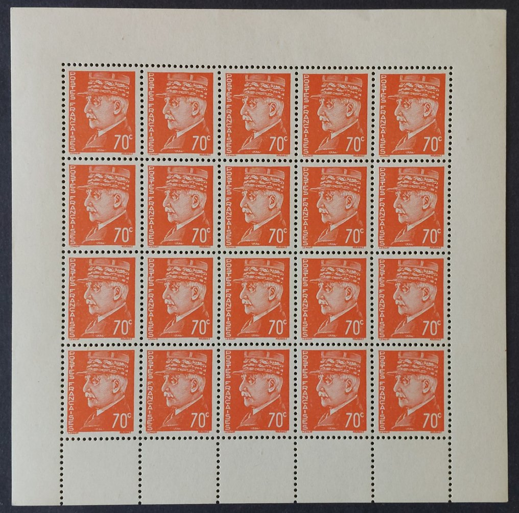 Γαλλία 1941/42 - Μαρέσαλ Πετέν, 70 τ. πορτοκαλί, Ψευδής Υπηρεσία Πληροφοριών, μπλοκ των 20 υπογεγραμμένο από Roumet - Yvert 511b #1.0