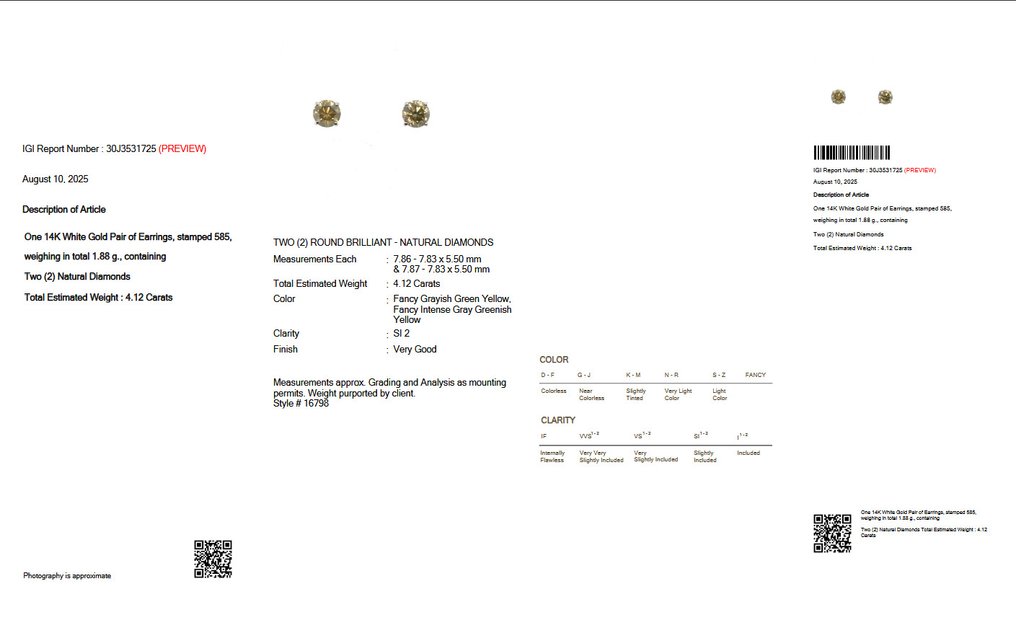 Boucles d'oreilles - 14 carats Or blanc - 4.12ct. tw. Diamant (Couleur naturelle) - IGI #1.0