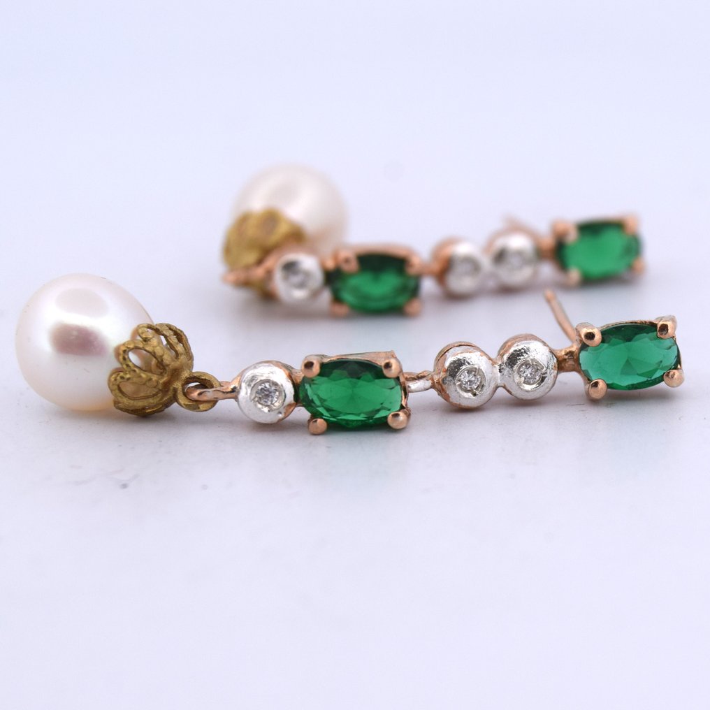 χωρίς τιμή ασφαλείας - Σκουλαρίκια Ροζ χρυσό, Ασημί -  2.20ct. tw. Σμαράγδι - Διαμάντι - Ασήμι #1.0