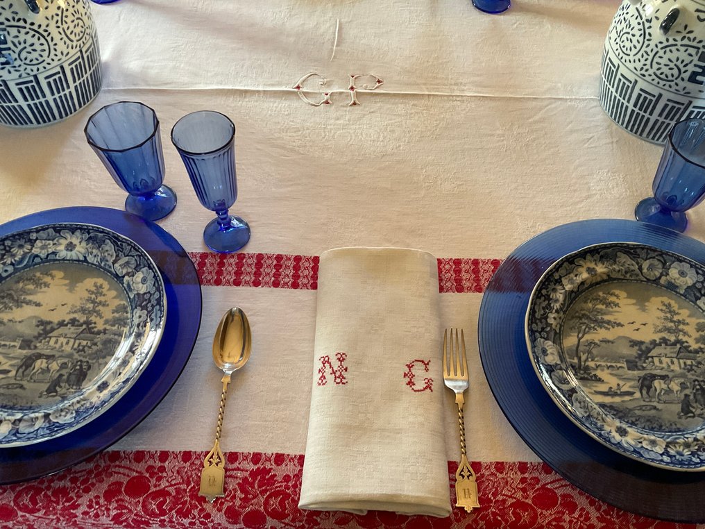 6 guardanapos de linho damasco do início do século XX com iniciais N.G. bordadas à mão. - Guardanapo  - 77 cm - 65 cm #4.3