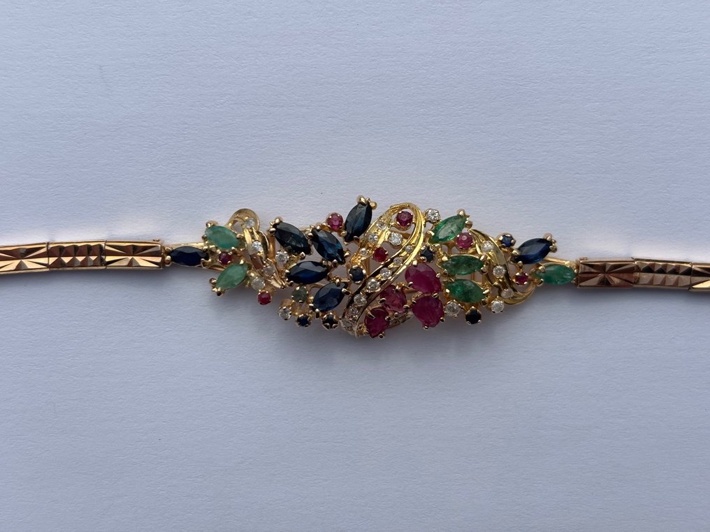 手鈪 - 18 克拉 黃金 -  3.81ct. tw. 藍寶石 - 红宝石-祖母绿-钻石 #1.0