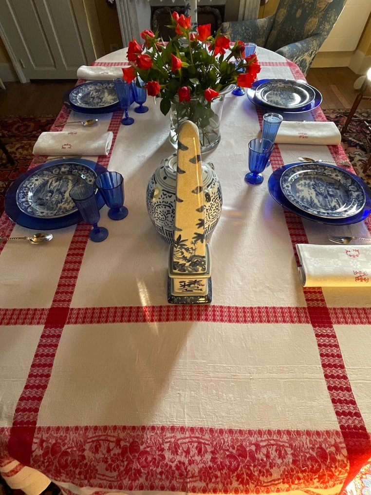 6 guardanapos de linho damasco do início do século XX com iniciais N.G. bordadas à mão. - Guardanapo  - 77 cm - 65 cm #1.0