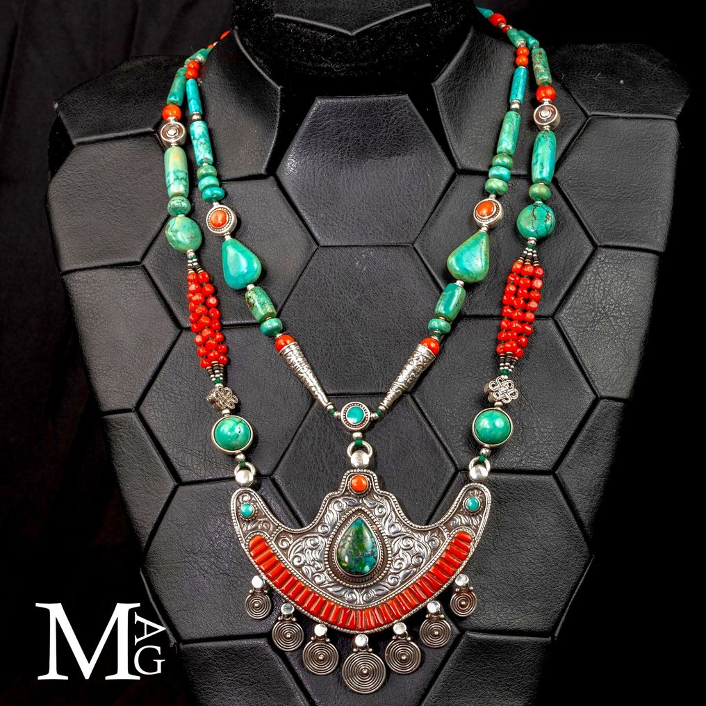 藏传传统的奇迹——手工银项链——红珊瑚，喜马拉雅绿松石 - 高度: 540 mm - 闊度: 99 mm- 124 g #1.0