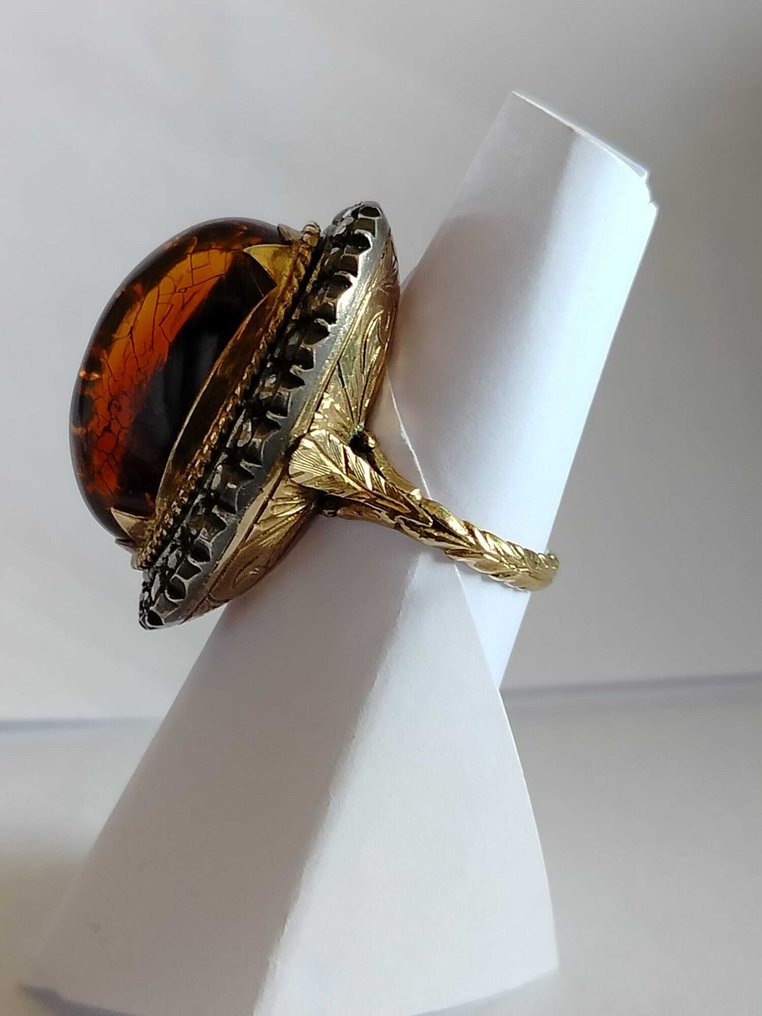 Δαχτυλίδι - 14 καράτια Κίτρινο χρυσό - 0.25ct. tw. Κεχριμπάρι - Διαμάντι - Δαχτυλίδι με ρητίνη και διαμάντι. #2.1