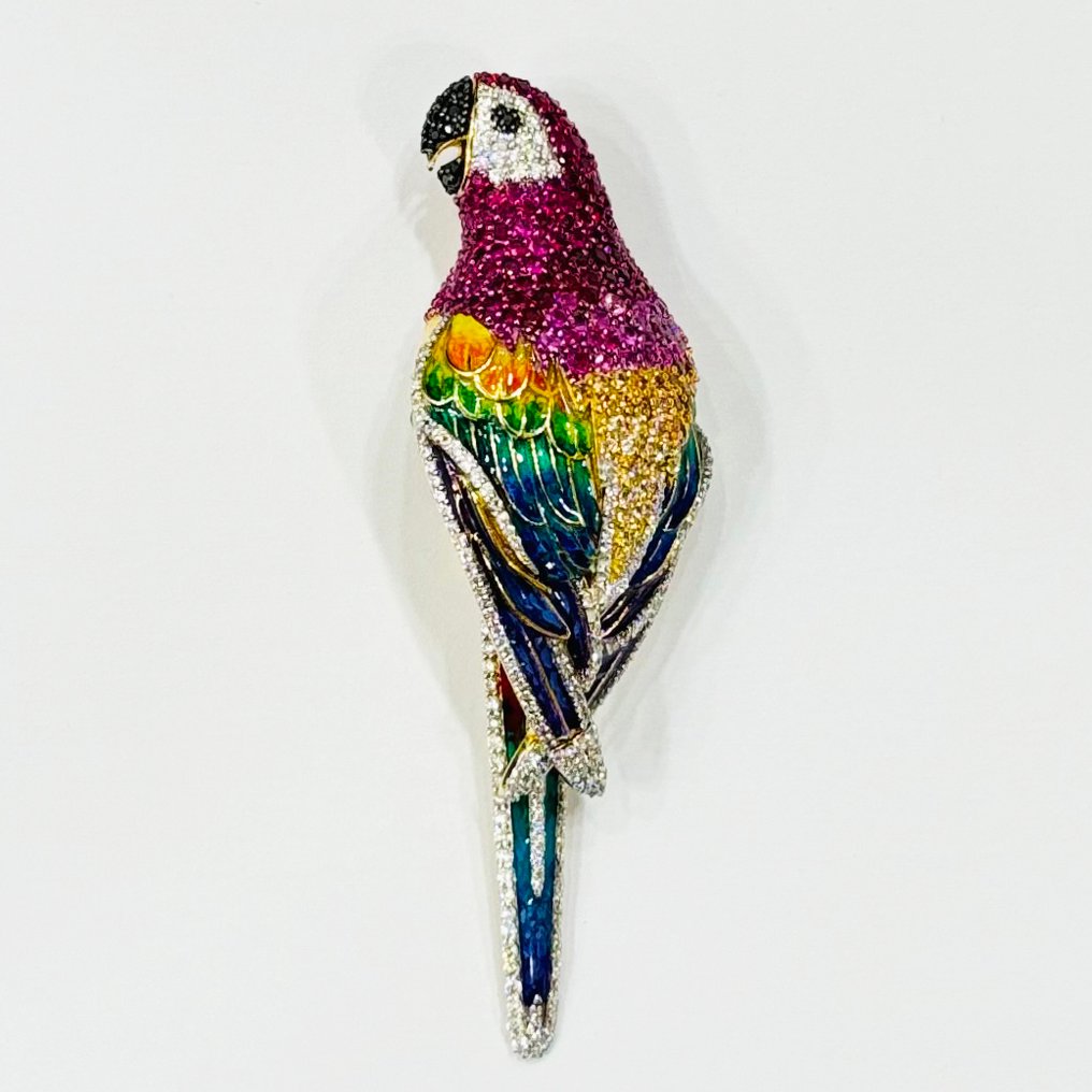 胸針 - 14 克拉 黃金 - 4.12ct. tw. 紅寶石 - 鉆石 - 黄色金鸟胸针 #1.0