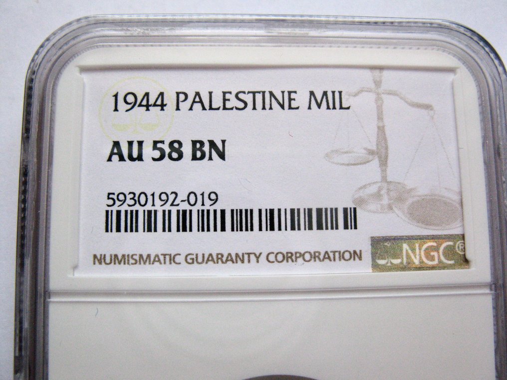 Παλαιστίνη. British Mandate. 1 Mil 1944 graded by NGC AU 58 BN  (χωρίς τιμή ασφαλείας) #3.2