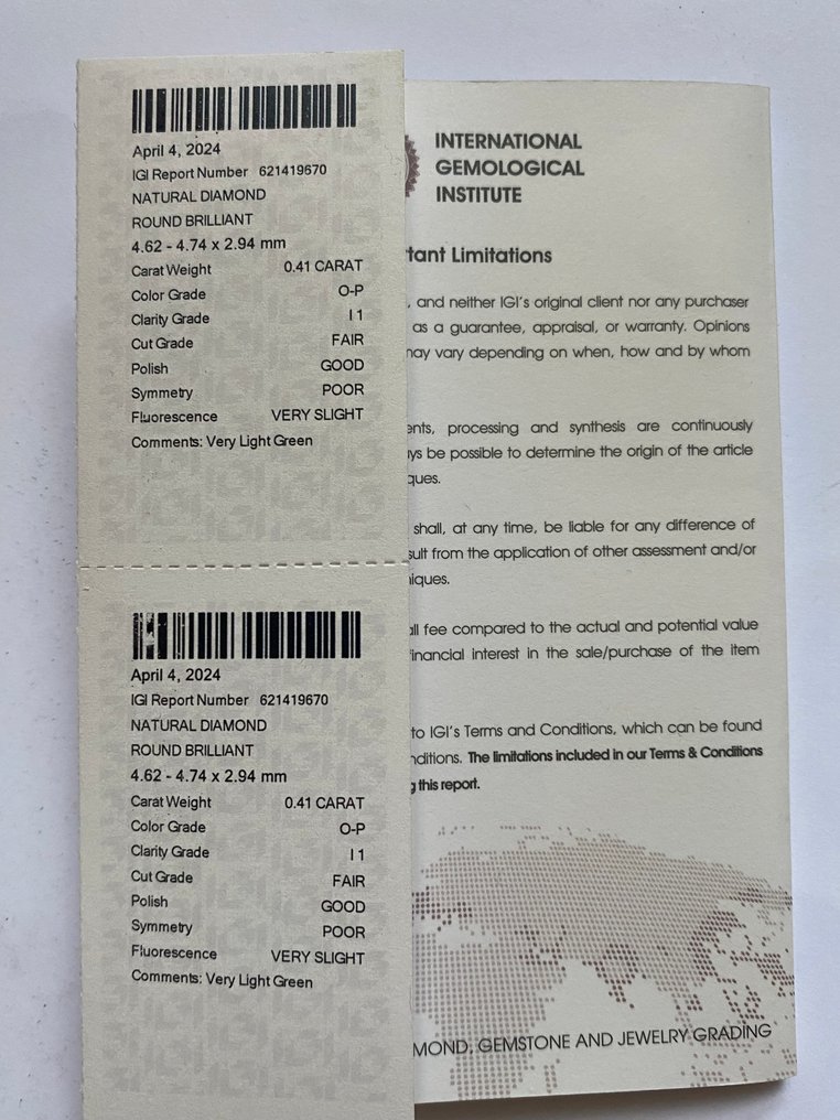 1 pcs Διαμάντι  (Φυσικό)  - 0.41 ct - Στρογγυλό - I1 - International Gemological Institute (IGI) - O - P #3.2