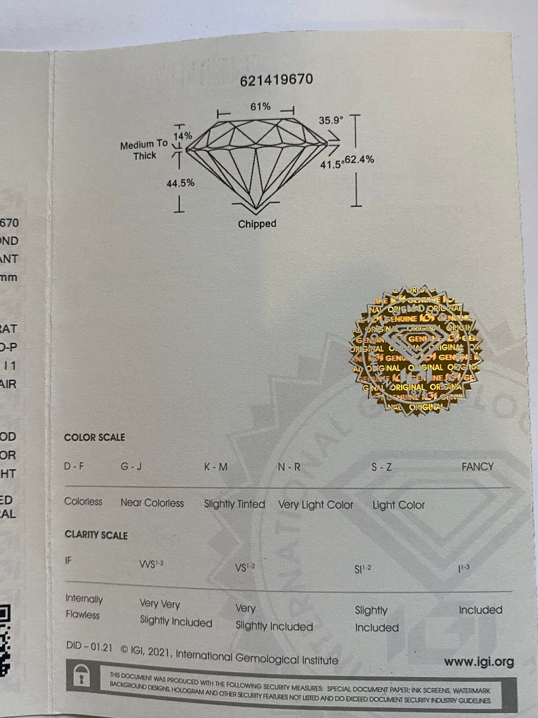 1 pcs Διαμάντι  (Φυσικό)  - 0.41 ct - Στρογγυλό - I1 - International Gemological Institute (IGI) - O - P #1.0