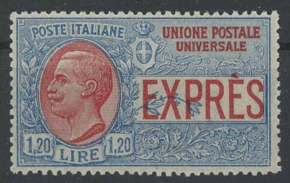 義大利王國 1922 - Espressi，1.20里拉，蓝色和红色，未发行的新，带完整的胶贴，极其居中。 - Sassone EXP n.8 #1.0