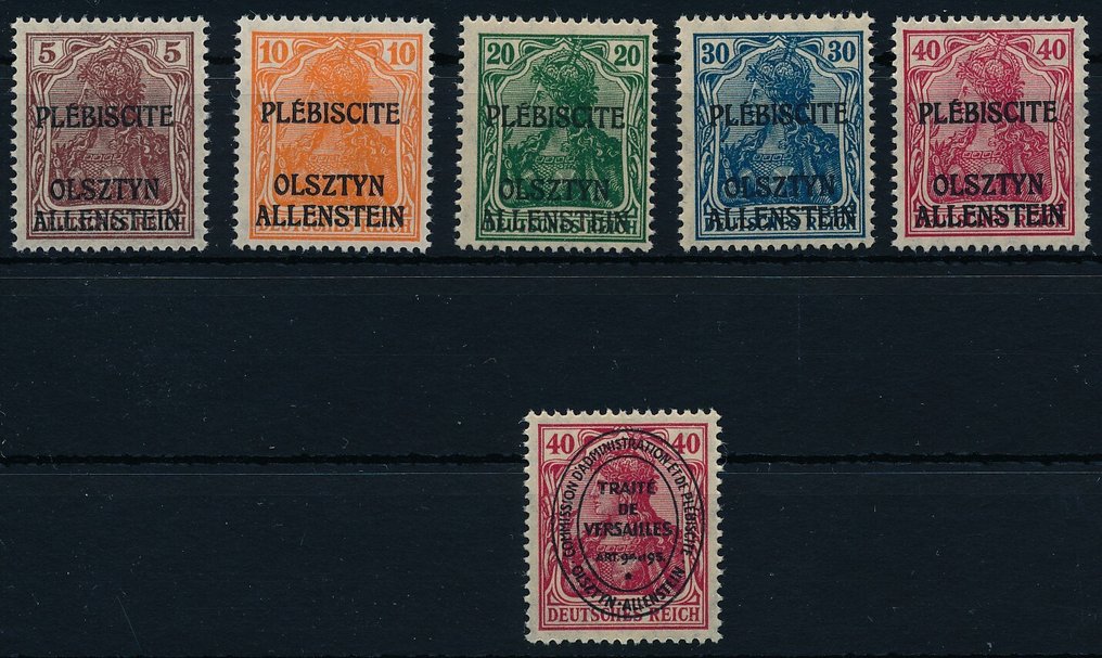 Allenstein 1920 - Unissued postage stamps, all 6 values, Michel numbers I/VI, faultless mint never hinged. - je geprüft Mikulski bzw. Hey BPP, Mi. 1.200,- € #1.0