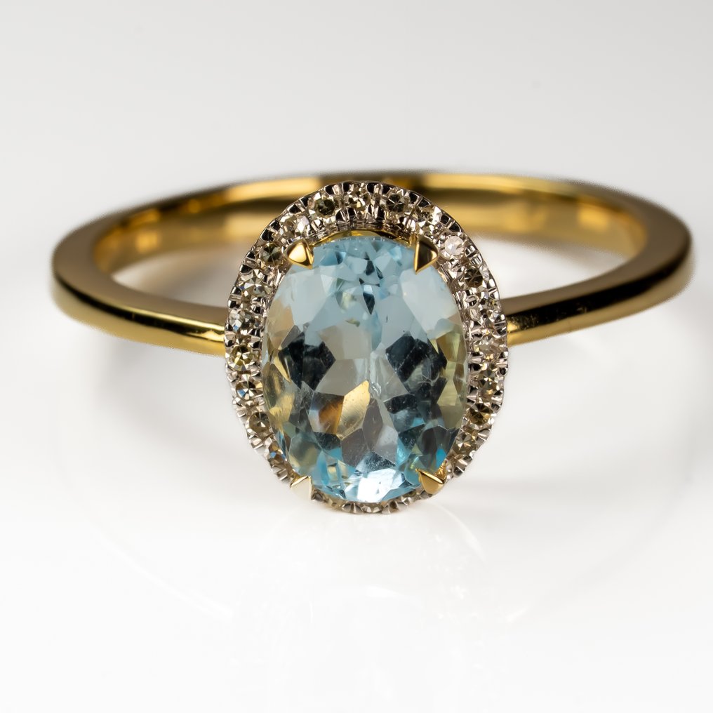 戒指 - 14K包金 黄金 -  1.66ct. tw. 黄宝石 - 钻石 - 蓝色黄玉 #1.0