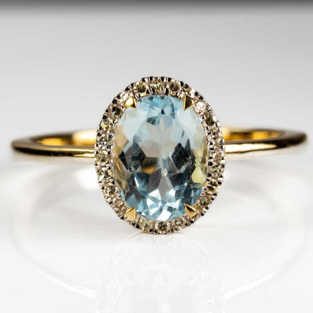 戒指 - 14K包金 黄金 -  1.66ct. tw. 黄宝石 - 钻石 - 蓝色黄玉 #1.0