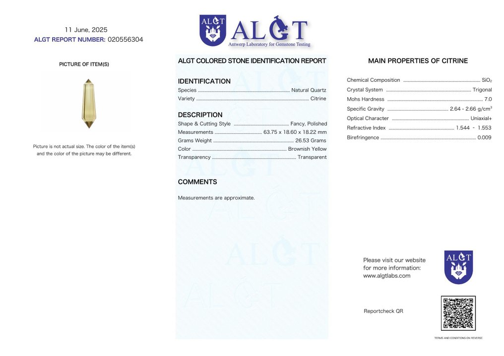 ALGT 认证 - 大型且卓越的天然黄水晶 以其异常明亮的清晰度而著称- 26.53 g #2.1