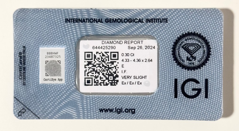 1 pcs Διαμάντι (Φυσικό) - 0.30 ct - Στρογγυλό - E - IF - International Gemological Institute (IGI) #1.0