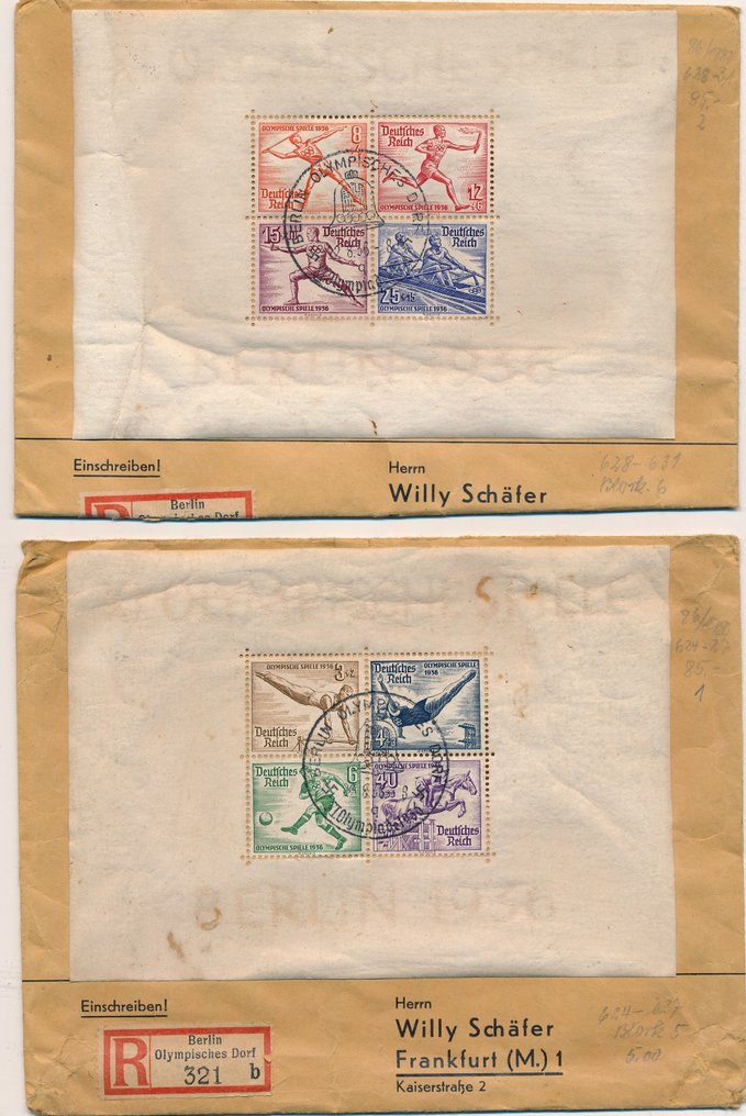 德意志帝国 1936 - 20 张1936年奥林匹克运动会的凭证，带有两个块，编号为5/6。 #1.0