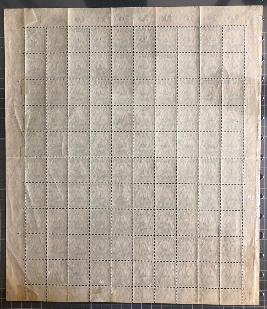 Colonias alemanas - Camerún 1915 - Ocupación británica, 1/2 d en 5 Pf en hoja completa de 100, casi exclusivamente sin usar. - gefaltet und gestützt HAN "H 756.13" #1.0