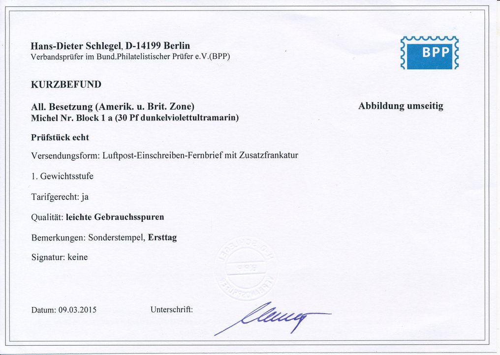 Szövetségi megszállás - Németország (amerikai és brit zóna) 1949 - Exportkiállítási blokk első napi levélen, hibátlan, Schlegel BPP fotóbizonyítvány. - Block 1 a #1.0