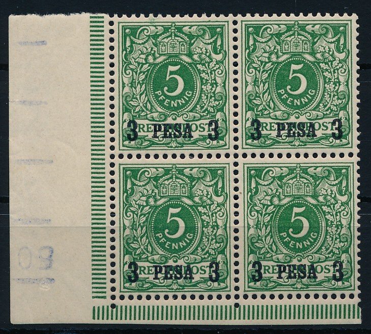 Niemiecka Afryka Wschodnia 1893 - 3 Pesa na 5 Pf. w narożnikowym bloku czterech znaczków u dołu po lewej stronie, typ druku I, - Mi. Nr. 2 I #1.0