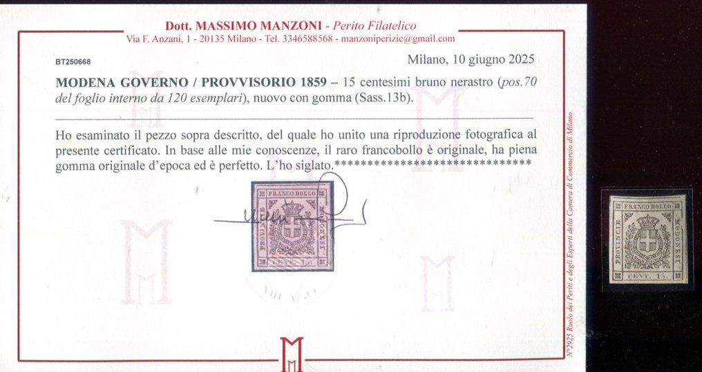 意大利古城邦-莫德纳 1859 - 临时政府。稀有品 15 分币“Bruno nerastro”。 - Sassone 13b. #2.1