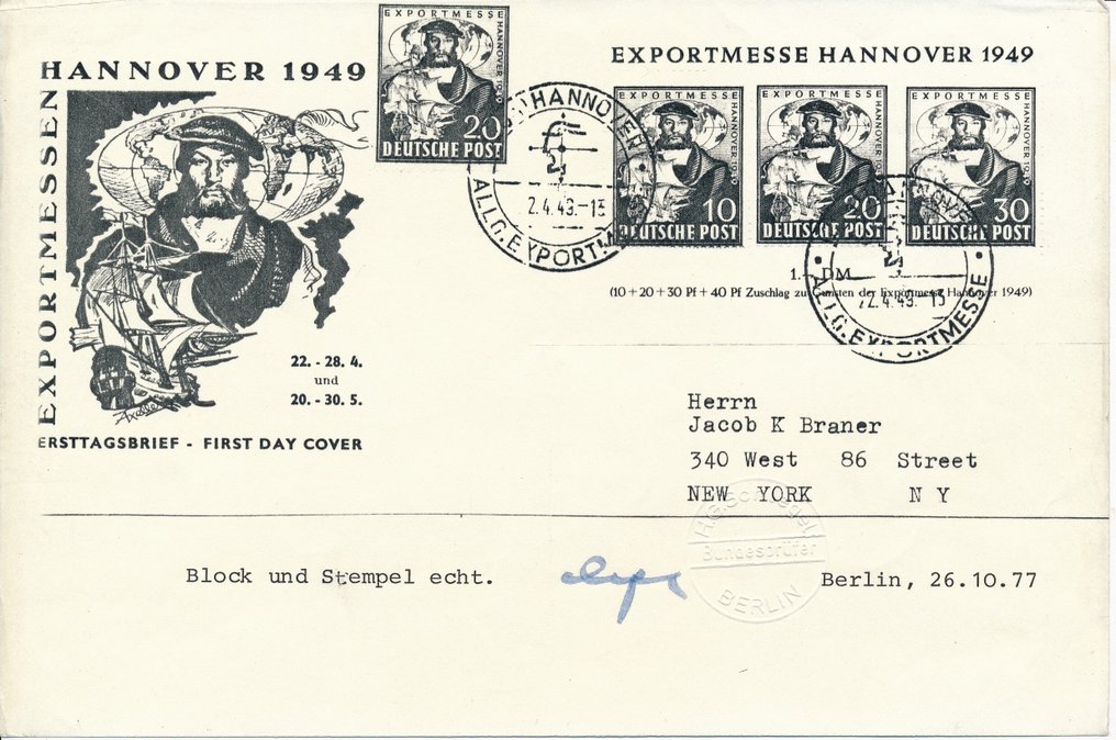 Συμμαχική Κατοχή - Γερμανία (Αμερικανική και βρετανική ζώνη) 1949 - Εξαγωγική μπλοκ σε πρώτο ημέρα γραμματόσημο, άψογο και άψογα, φωτογραφική έκθεση Schlegel BPP. - Block 1 a #1.0