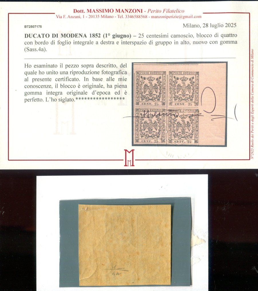 Αρχαία ιταλικά κράτη - Μόντενα 1852 - Σπάνιο μπλοκ τεσσάρων ενιαίων ελαστικών των 25 λεπτών. - Sassone 4a. #2.1