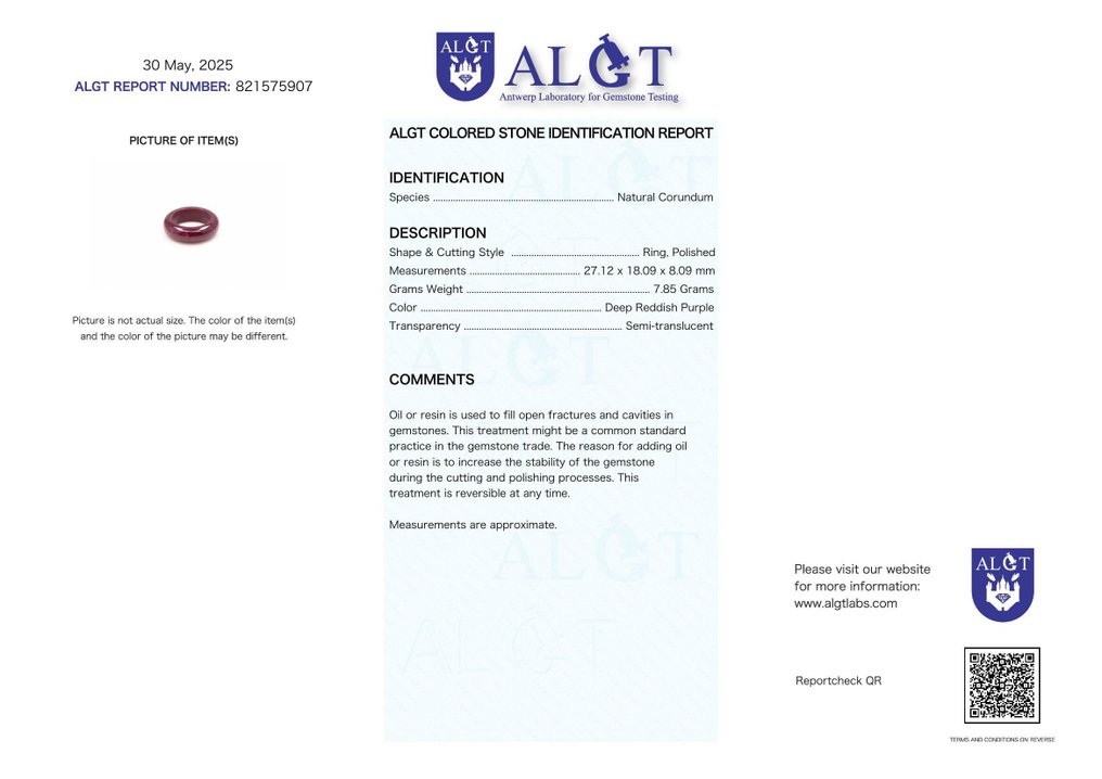 Fără rezervă - Certificat ALGT - Inel imens și extrem de exclusiv din rubin natural O nuanță puternică modelată de natură și timp.- 7.85 g #2.1