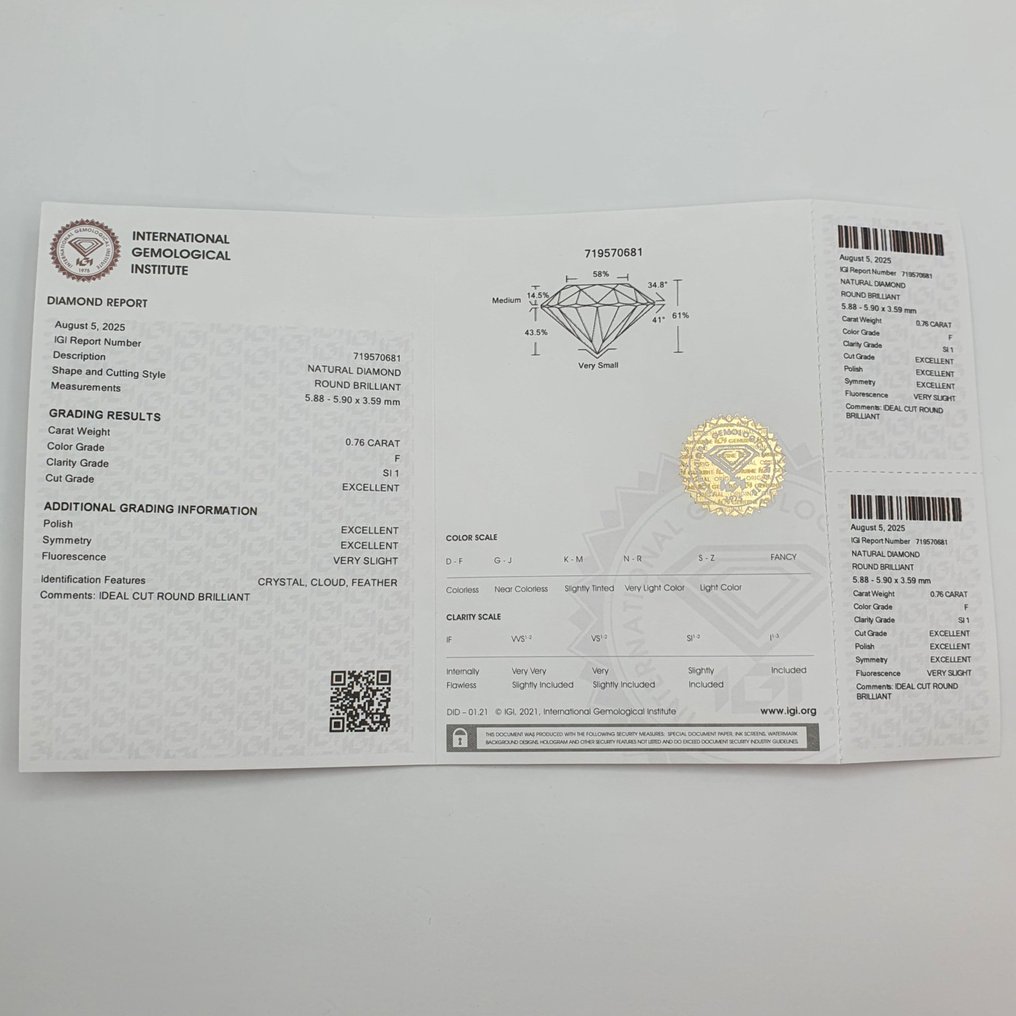 1 pcs 钻石  (天然)  - 0.76 ct - 圆形 - F - SI1 微内含一级 - 国际宝石研究院（IGI） #3.2