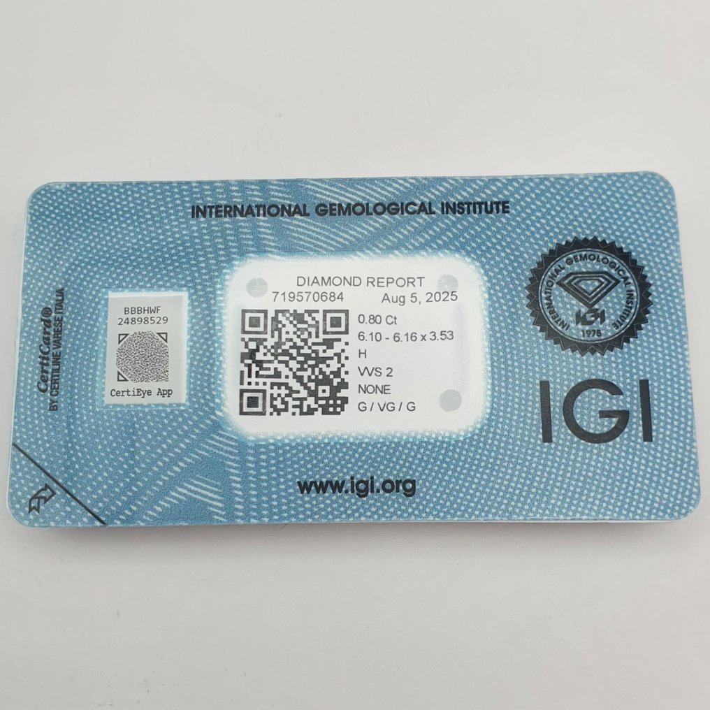 1 pcs 钻石 (天然) - 0.80 ct - 圆形 - H - VVS2 极轻微内含二级 - 国际宝石研究院(IGI) #1.0