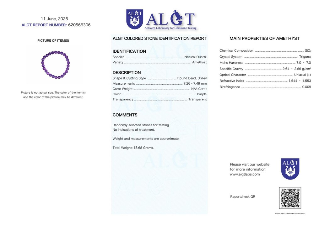 Χωρίς Αποθεματικό - Πιστοποιημένο από ALGT - Βραχιόλι με φυσική Αμέθυστο. Ανώτερη διαύγεια στην πιο φυσική της μορφή.- 13.68 g #2.1