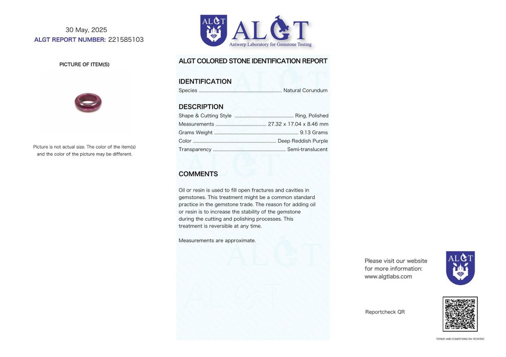 Χωρίς Αποθεματικό - Πιστοποιημένο από ALGT - Μεγάλο και Υψηλής Αποκλειστικότητας Φυσικό Δαχτυλίδι με Μια δυναμική απόχρωση διαμορφωμένη από τη φύση και το χρόνο.- 9.13 g #2.1