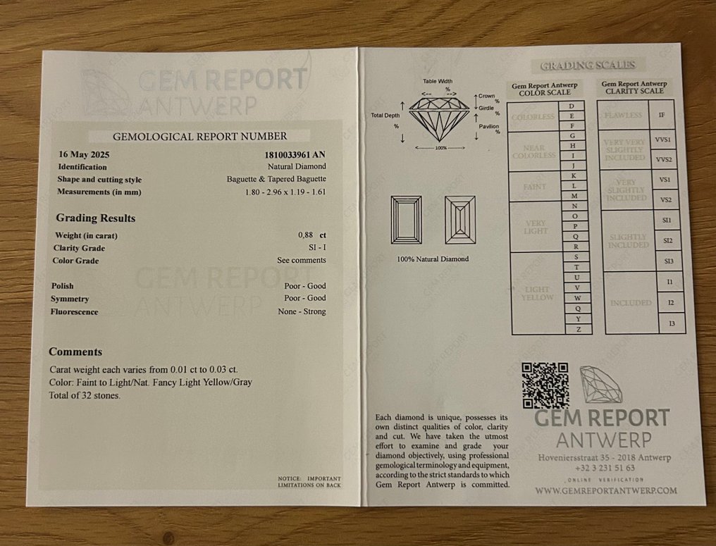 32 pcs Diamante (Natural) - 0.88 ct - Rectángulo - I1, I2, I3, SI1, SI2 - Gem Report Antwerp (GRA) #4.3