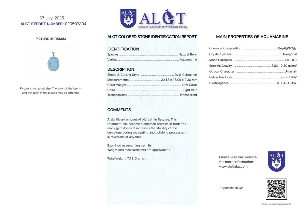 无底价 - ALGT 认证 - 大型且极为独特的天然海蓝宝石吊坠 以其异常明亮的清晰度而著称- 7.12 g #2.1