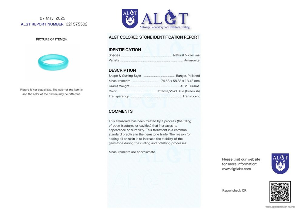 无保留 - ALGT 认证 - 大型且极为独特的天然亚马逊石手镯 一种生动的颜色，纯粹来自大地- 45.21 g #2.1