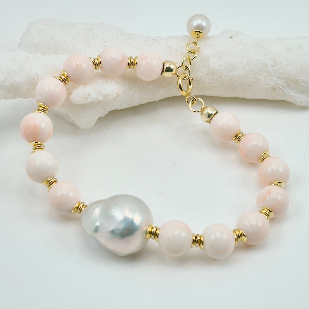 Corallo - Argento, Placcato oro - Bracciale - CORALLO ROSATO E PERLA #1.0