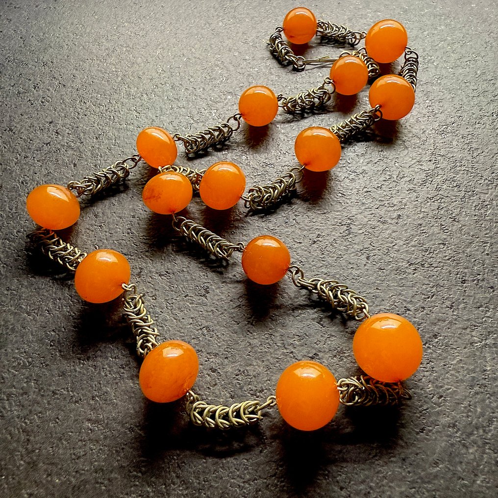 Παλαιά γερμανική αλυσίδα με κεραμικά κομμάτια από κεχριμπάρι, μήκους 70 εκ. - Κεχριμπάρι - Succinite #1.0