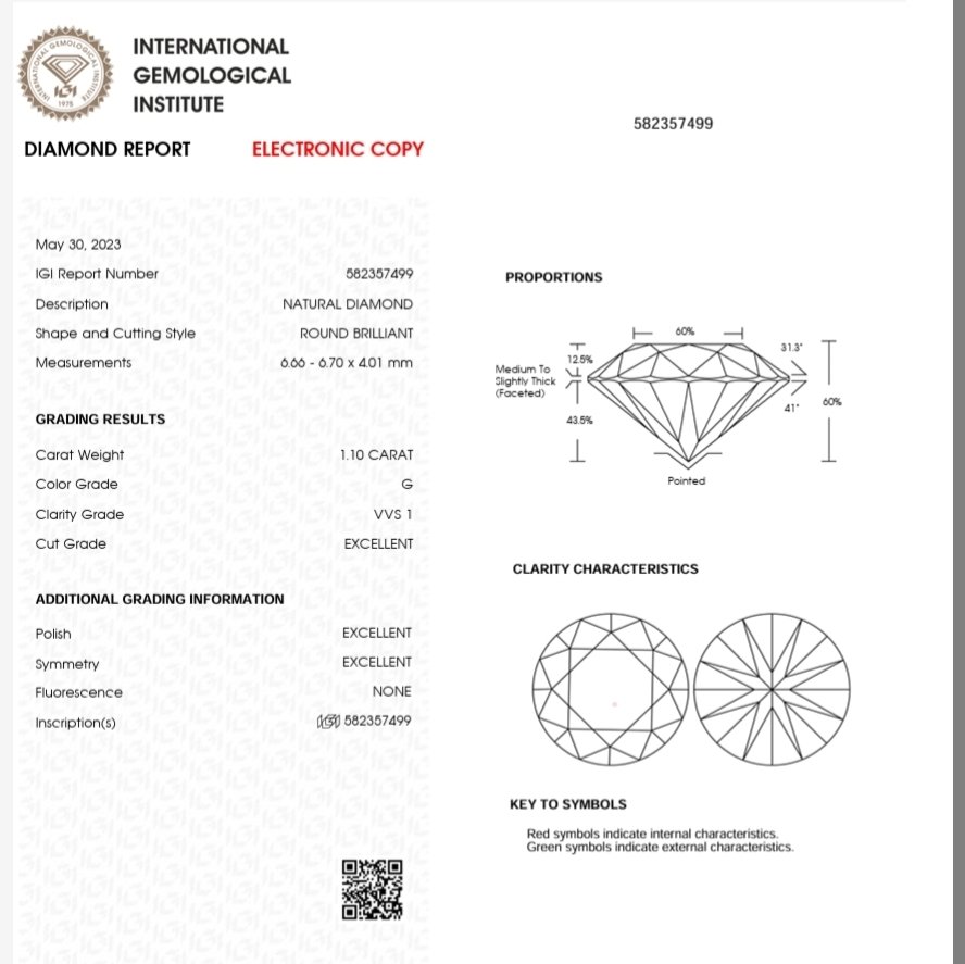 1 pcs Diamante  (Naturale)  - 1.10 ct - Rotondo - G - VVS1 - International Gemological Institute (IGI) - 3X NONE #4.3