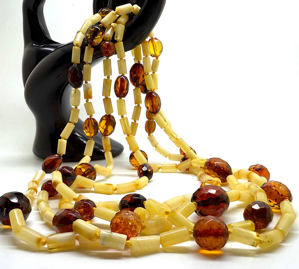长款天然波罗的海琥珀手工雕刻珠子项链，长度132厘米，重47.1克 - 琥珀 - Baltic amber - succinite #1.0