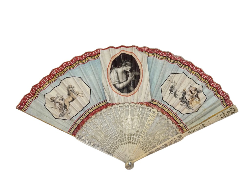 Rare Italian Hand Fan – Grand Tour Period, circa 1780–1790 – Chicken Skin Leaf – Bone Sticks – Håndholdt vifte - Ben #1.0