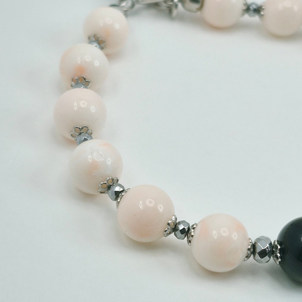 珊瑚 - 銀 - 手鈪 - 珊瑚粉色和黑曜石 #3.2