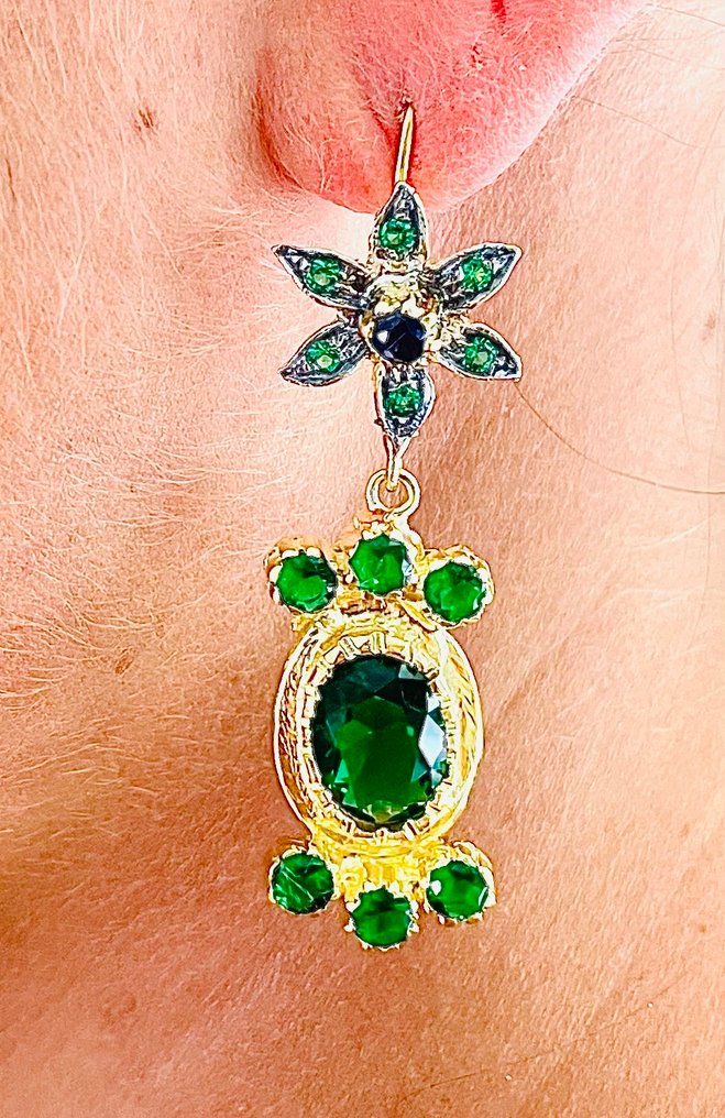 χωρίς τιμή ασφαλείας - Σκουλαρίκια - 9 kt. Κίτρινο χρυσό, Ασημί Σμαράγδι - Ζαφείρι #1.0