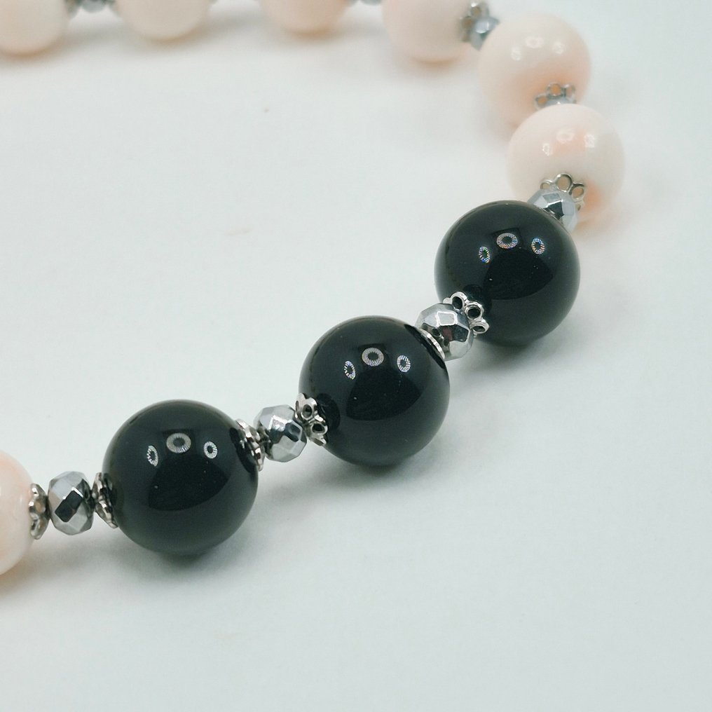 珊瑚 - 銀 - 手鈪 - 珊瑚粉色和黑曜石 #2.1